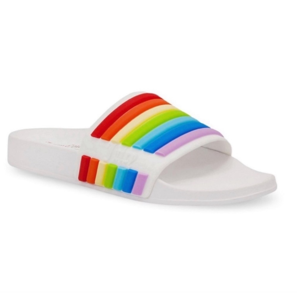 Juicy Couture Rainbow Slides NEW White Multi Stripe Wynnie Pool Sandals Size 9